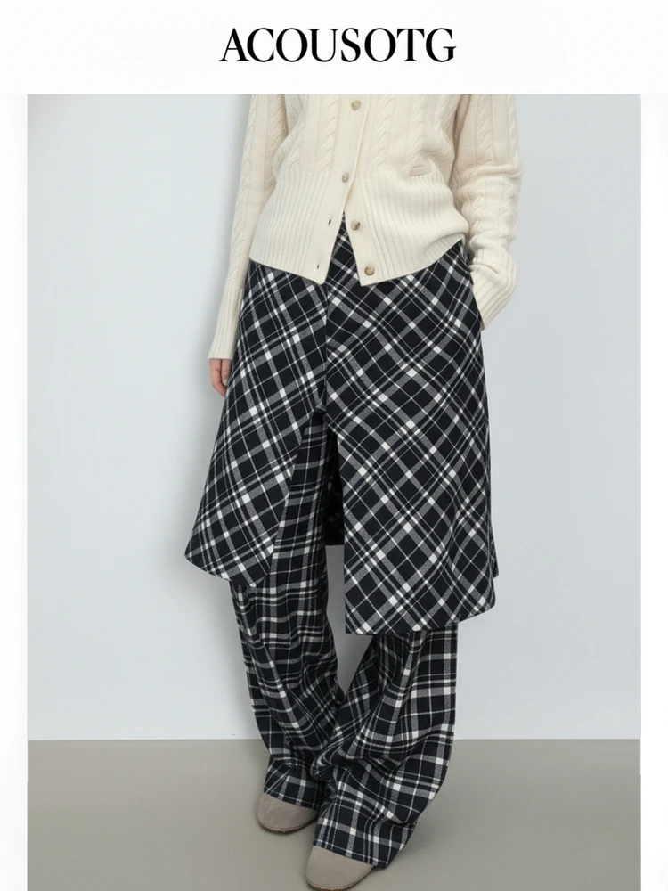 

Женские широкие брюки в клетку в стиле ретро, свободные прямые повседневные брюки с цветными вставками, шерстяные, с высокой талией, на молнии