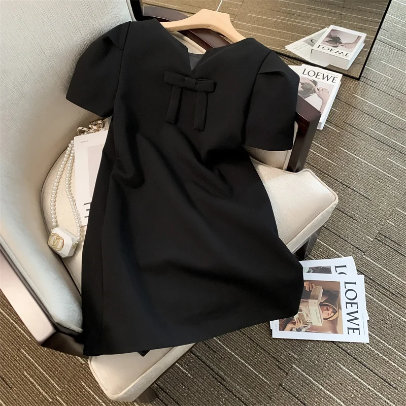 Black Elegant Exquisite Bow Dress 2023 Summer Fashion Solid Color Simple Luxury Sleeveless Slim High-End Double-sided Dress