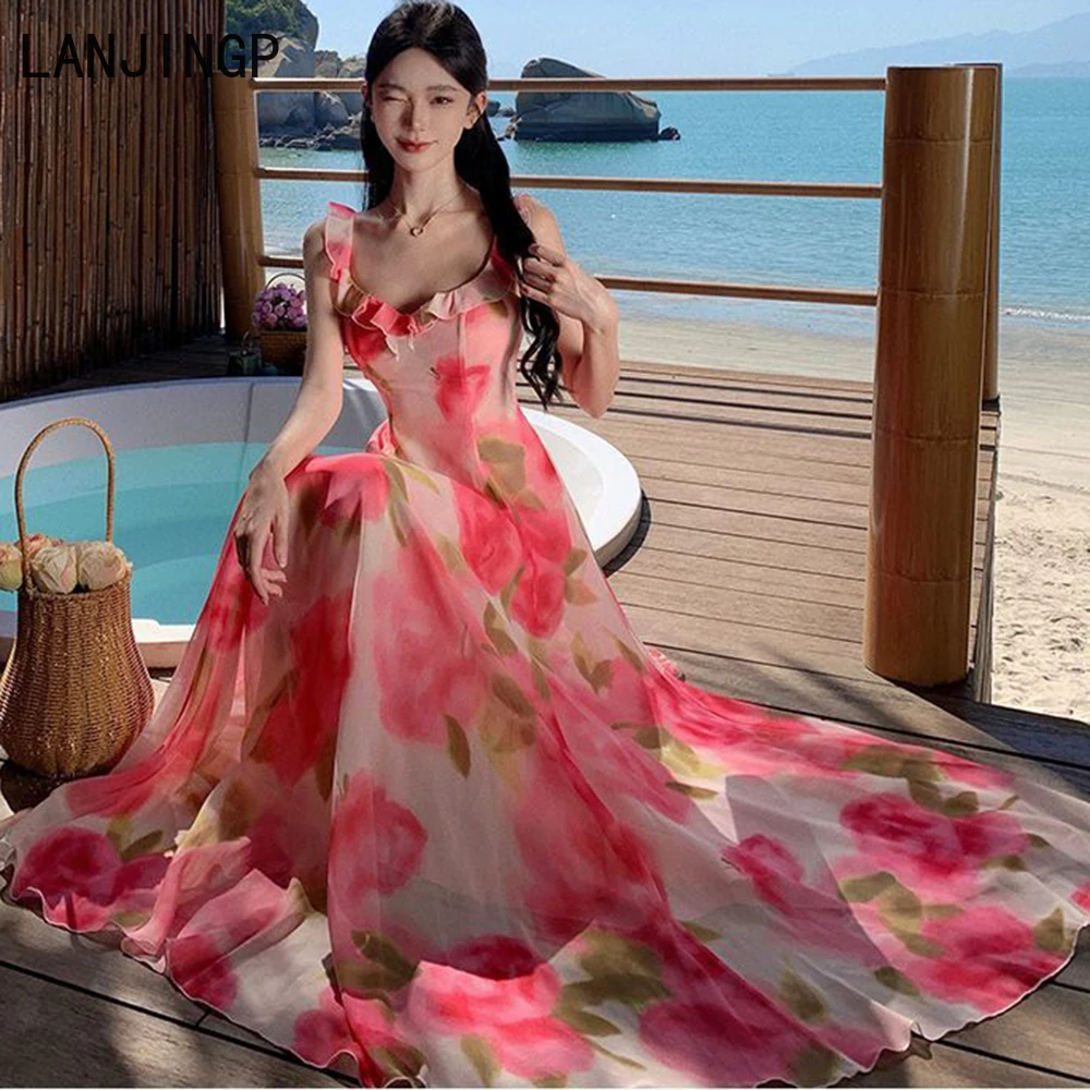 

Summer new star with the same rose pink print suspender skirt high-end seaside vacation chiffon dress