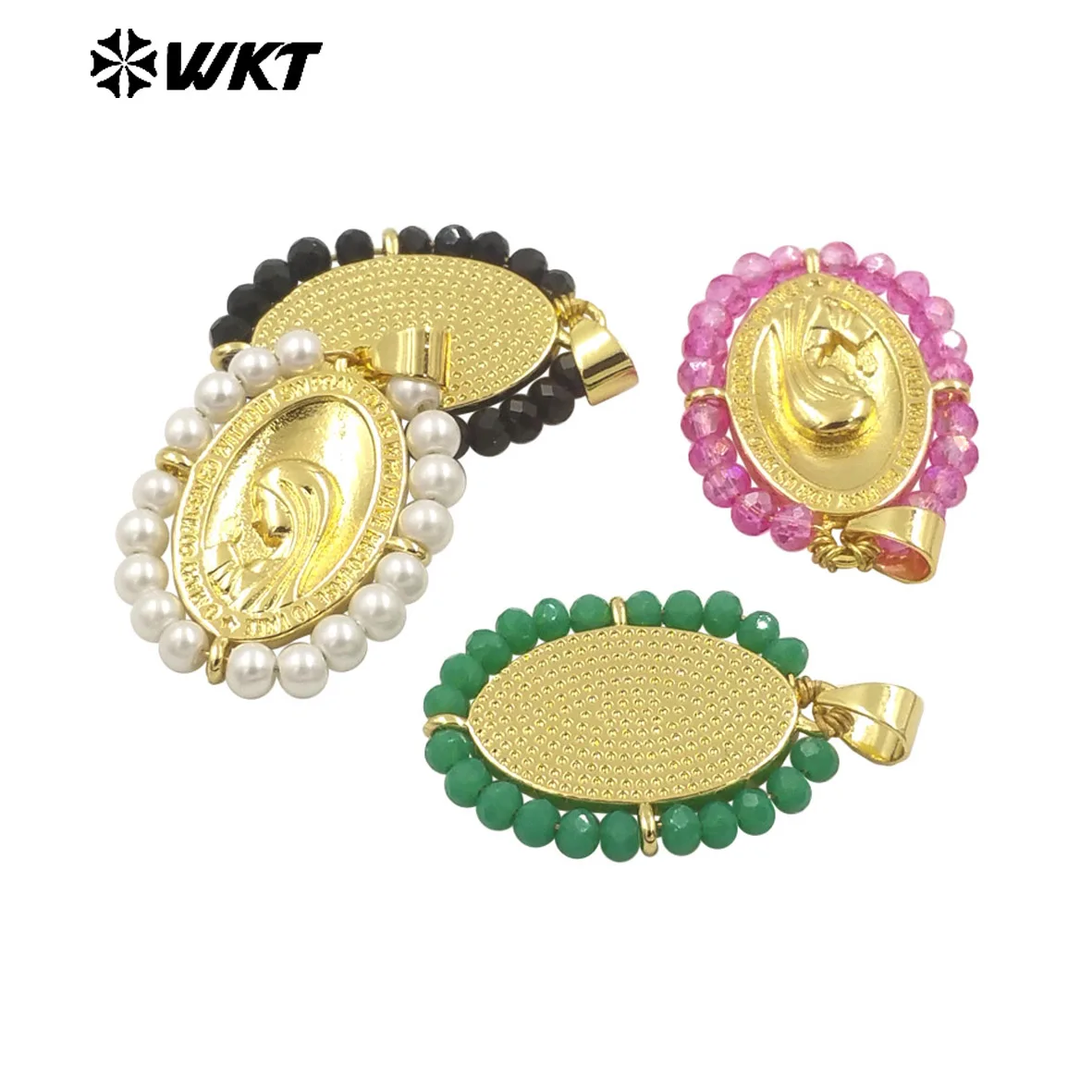 WT-MP305 Amazing Beautiful Spring Color Crystal Beads Handmade Wire Wrapped 18k Gold Medal Jewelry Pendants 10pcs