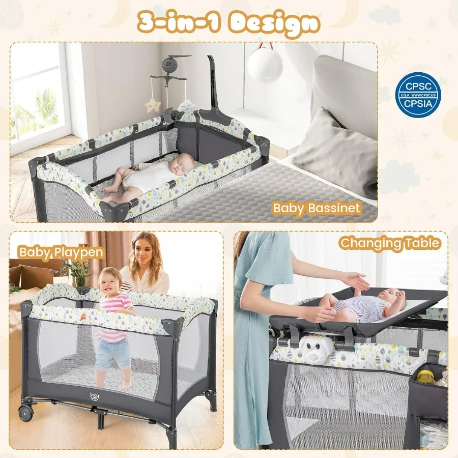 3 in 1 Pack and Play Portable Baby Playard with Bassinet Changing Table Lockable Wheels Glowing Music Box Travel Baby Crib Bass