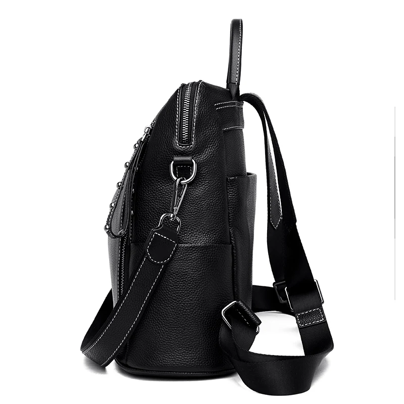 Mochila De piel de vaca para mujer, bolso escolar de gran capacidad, de cuero suave, de alta calidad, para ocio y viaje, color negro, novedad de 2023