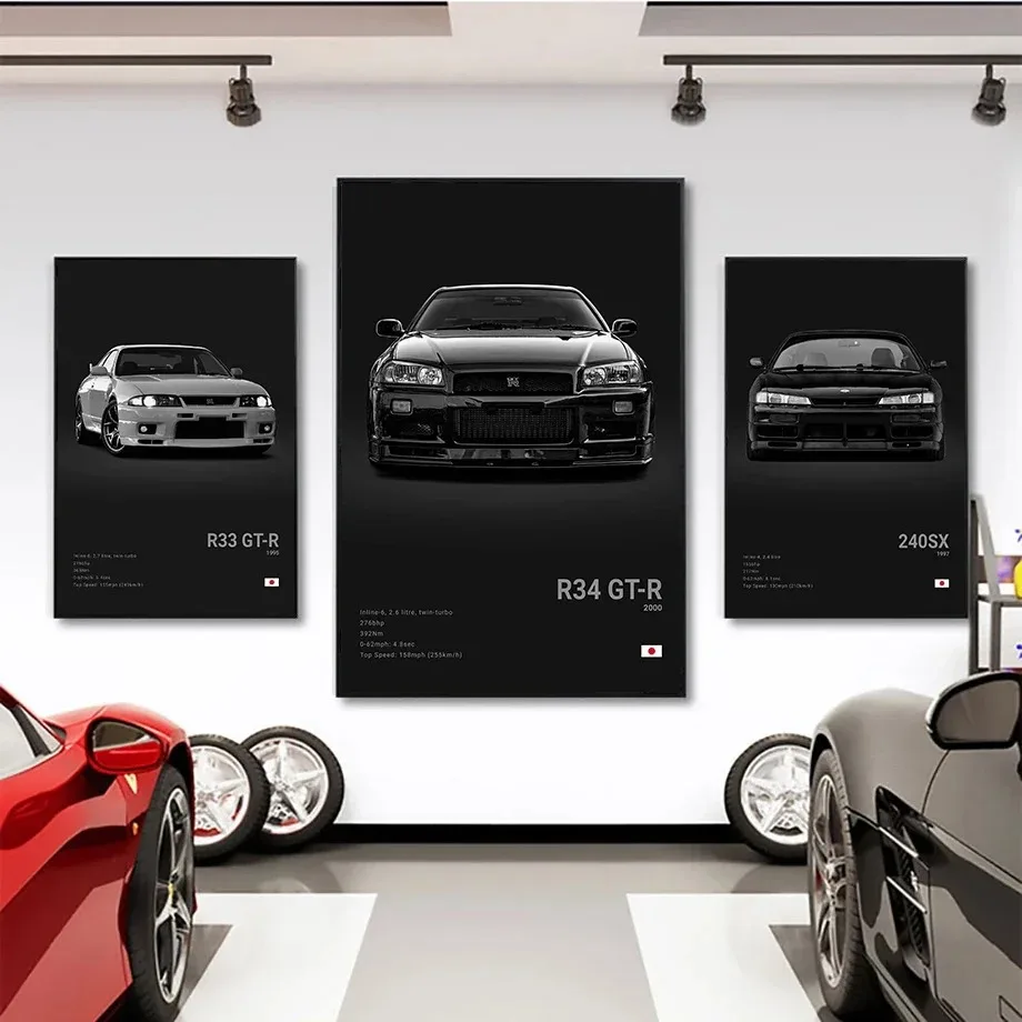 Pop Black and White Japan Cars Luxury Super Sport Car Poster Aesthetic R34 Gtr 240sx Canvas Print for Wall Art Garage Room Decor