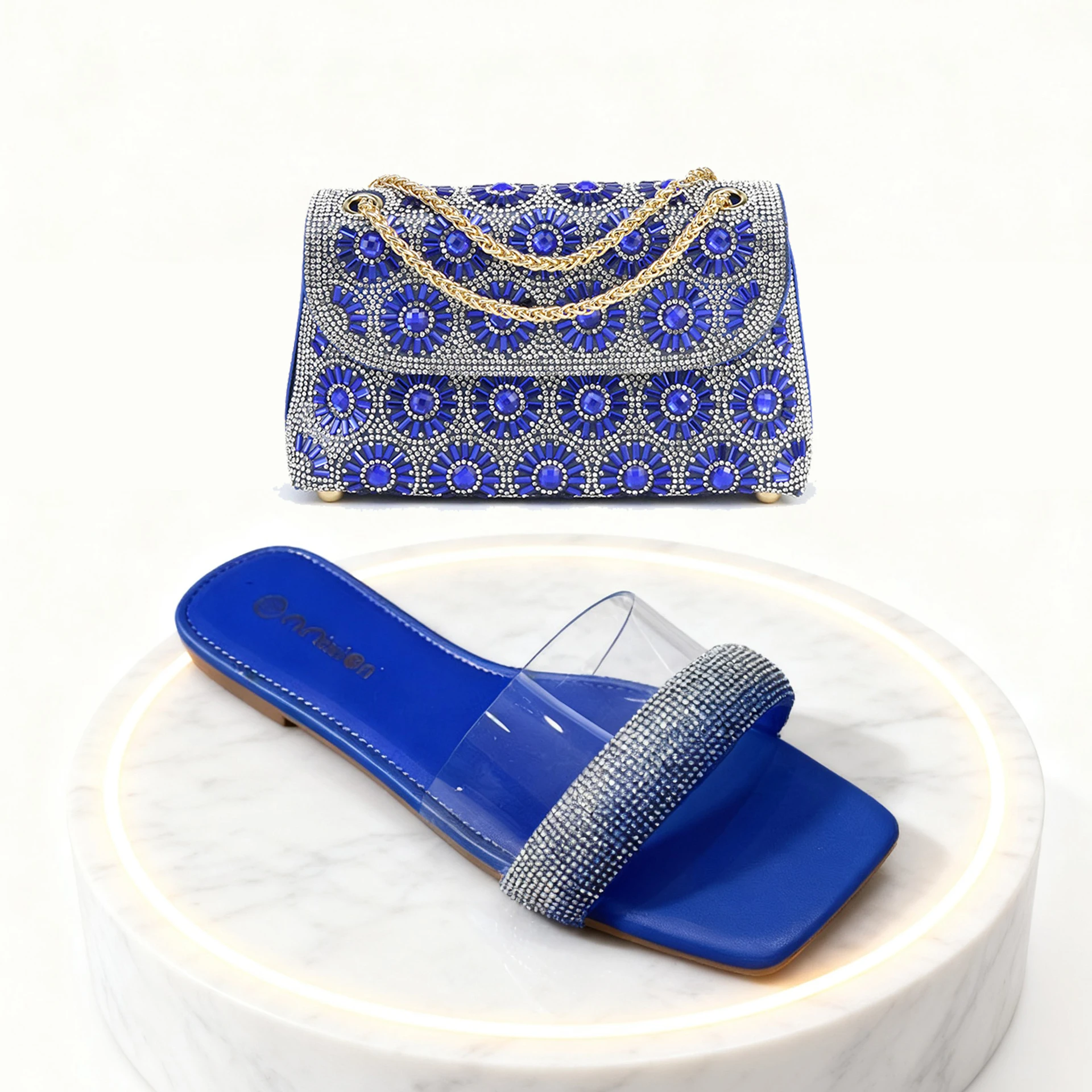 2026 Women Fashion Sequined Flat-bottom Non-slip Slippers Beach Women's Shoes New Rhinestone High-grade Handbag Dinner Bag Set