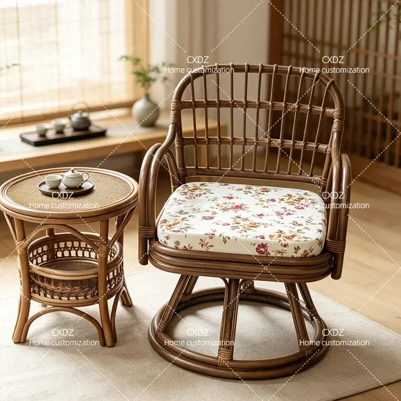 Japanese Rattan Single Sofa Chair Antique Handmade Rotatable Armchair for Bed and Breakfast Tea Room with Tea Table Three