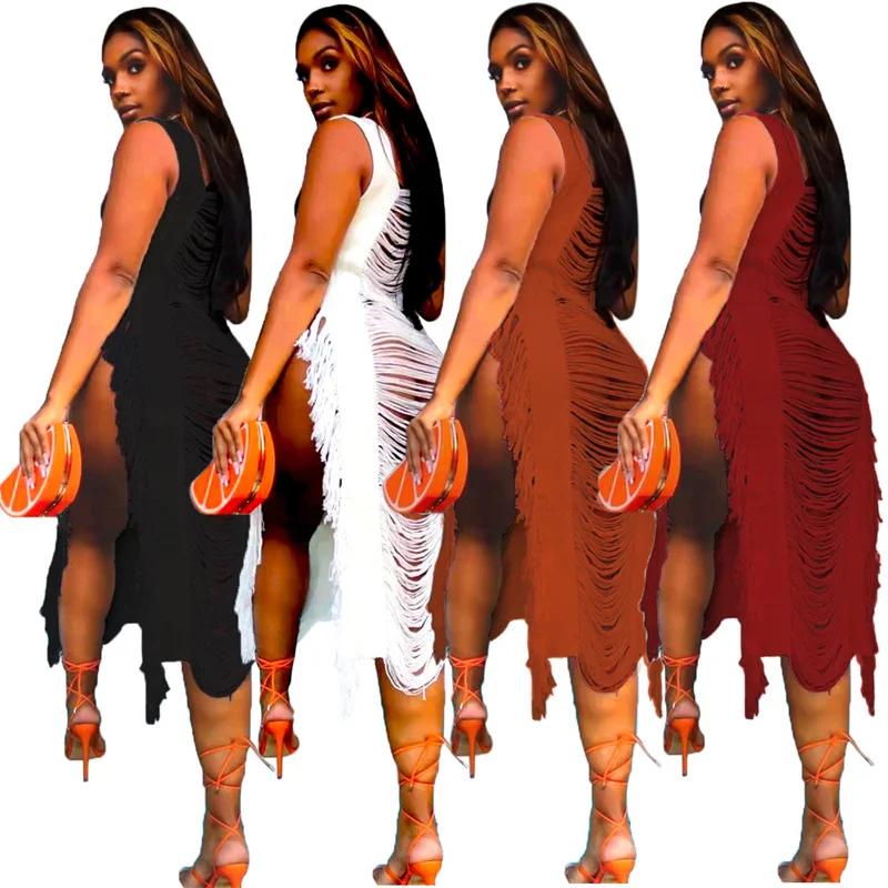 XXL Seksowna Prześwitująca Sukienka Plażowa z Frędzlami i Rozcięciem na Boku Dzianinowa Damska Ażurowa Sukienka na Bikini Szydełkowa Letnia Damska Bluzka Boho Strój Kąpielowy