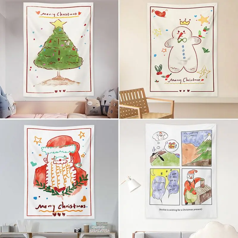 VIKAMA Happy Christmas Graffiti Tapestry Cute Hand drawn Cartoon Christmas Wall Hanging Bedroom Children's Room Party Decoration