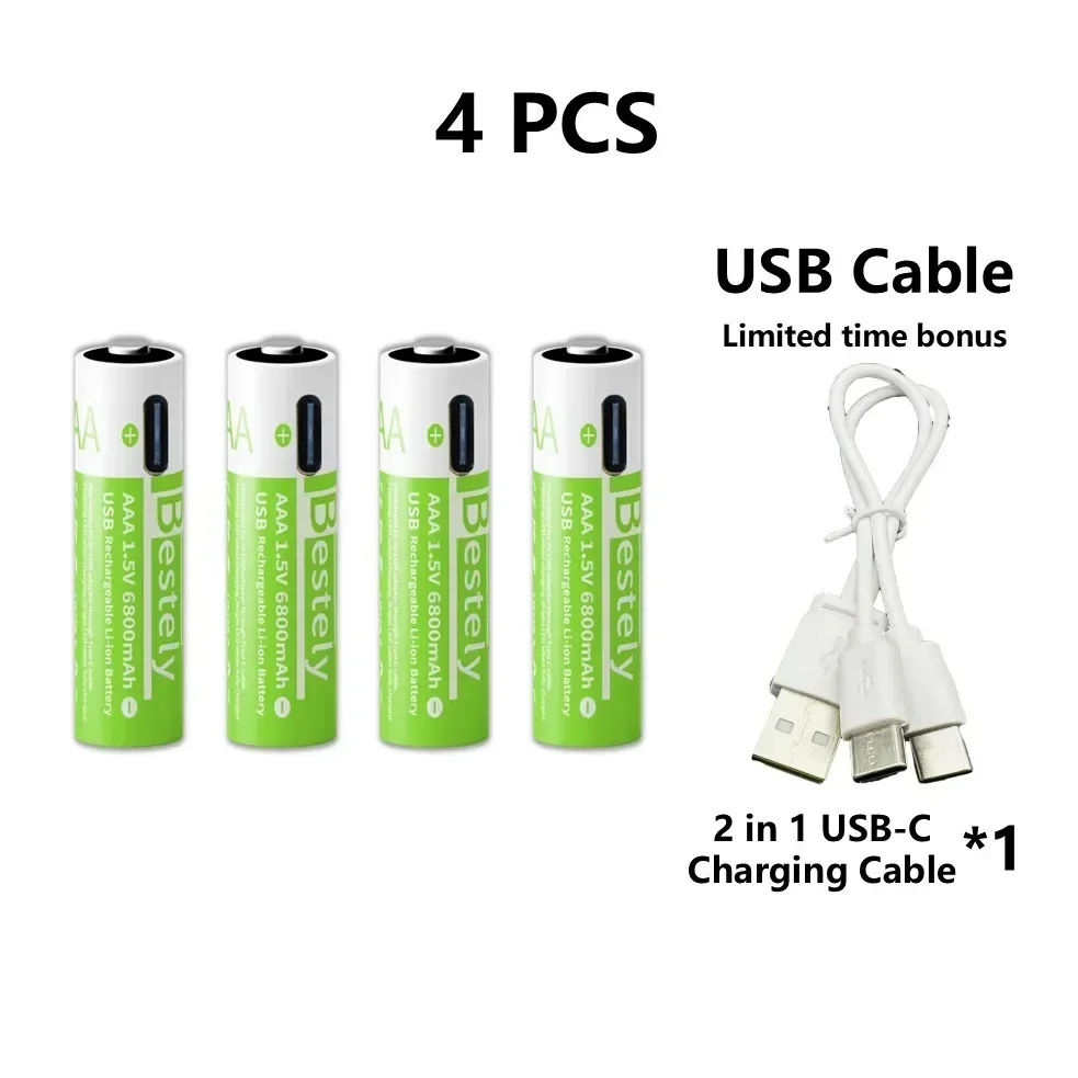 2025 Pro 1,5 V AAA 6800 mAh oplaadbare batterij, Type-C snel opladen Li-ionbatterijen, 2000 cycli LED-indicator met gratis kabel