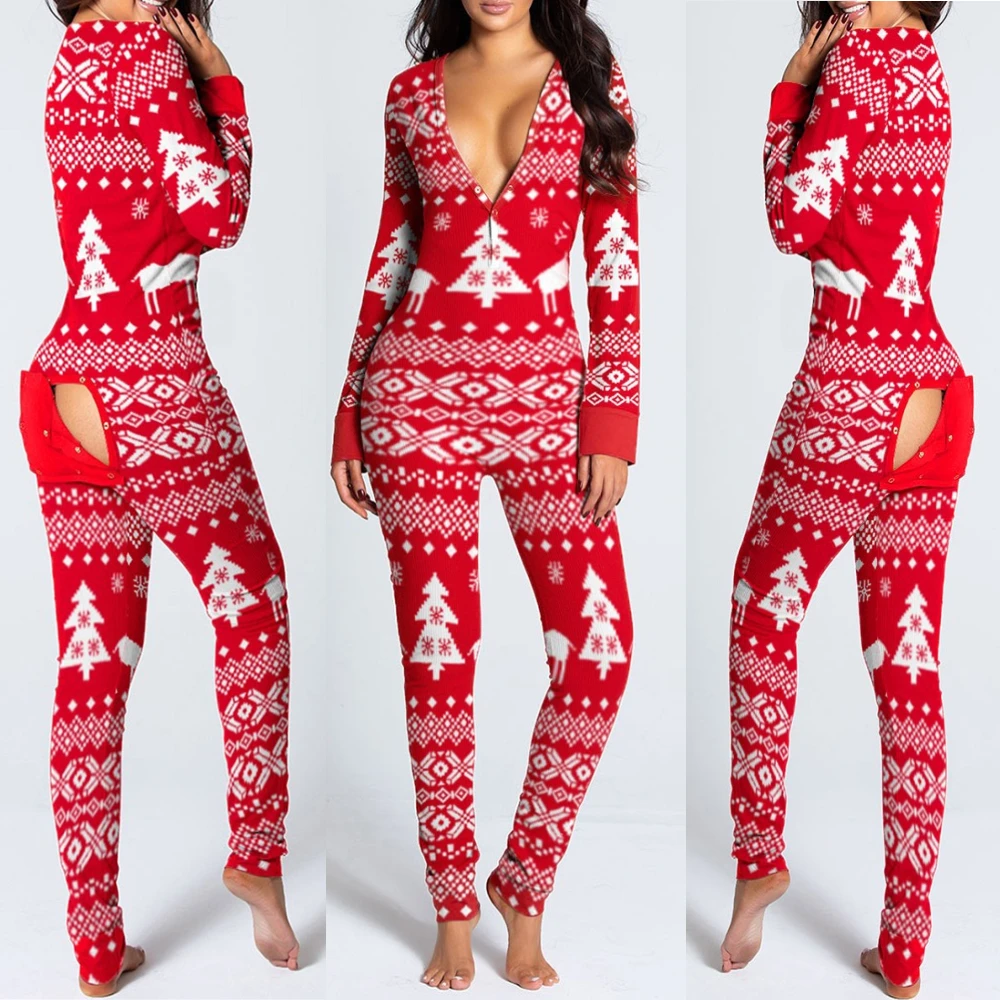 Sexy Pyjama Women\'s Jumpsuit Suit Button-down Front Back Butt Bum Open Ass Flap Jumpsuit 2023 Christmas Onesies Print Outfit