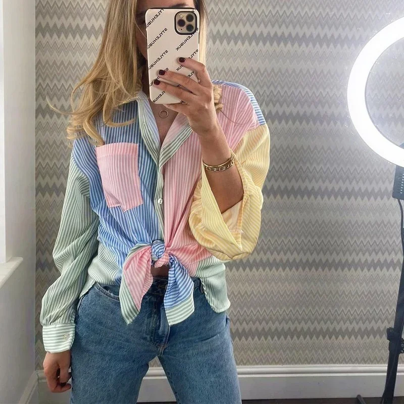 Fashion Casual Chic Summer Buttons Tops Women Long Sleeves 2023 Striped Patchwork Lady Loose Multicolor Boyfriend Style T-shirts