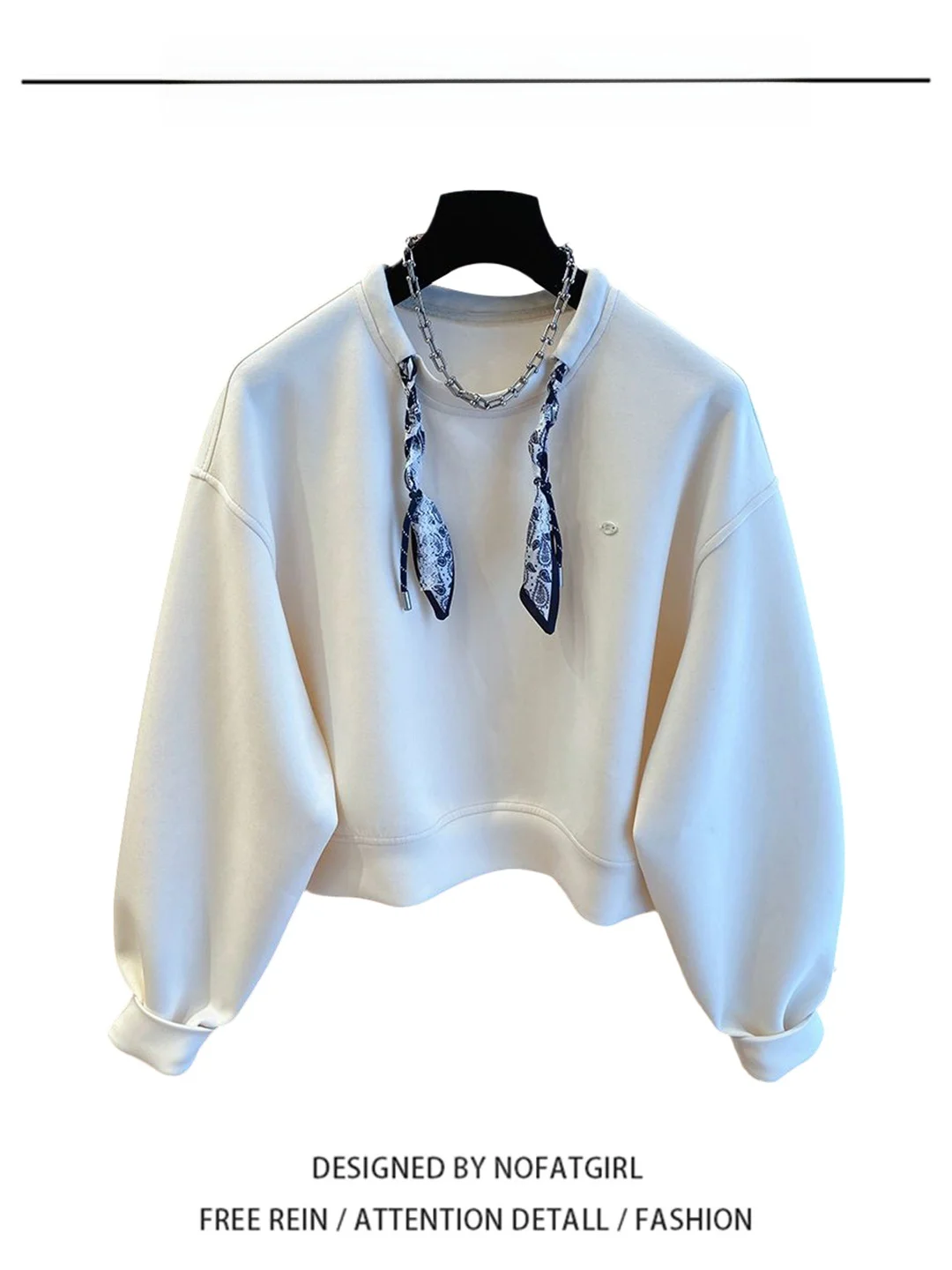 

Casual Chic round Neck Sweatshirt Women's Autumn Winter Short Style Leisure Top Scarf Belt Design Korean Version Loose Fit