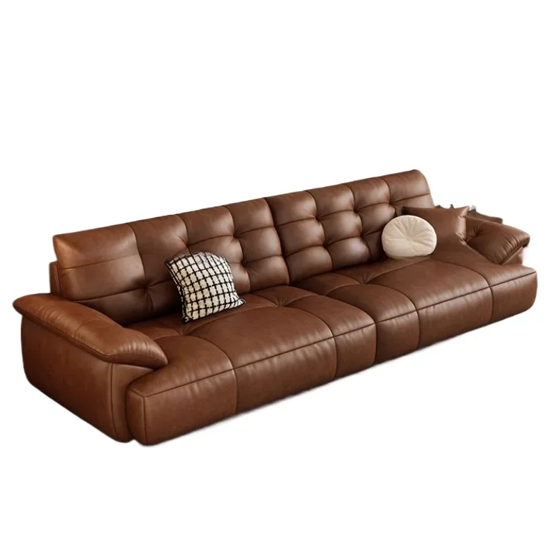 

Leather sofa caramel color antique first layer cowhide retro style living room high backrest