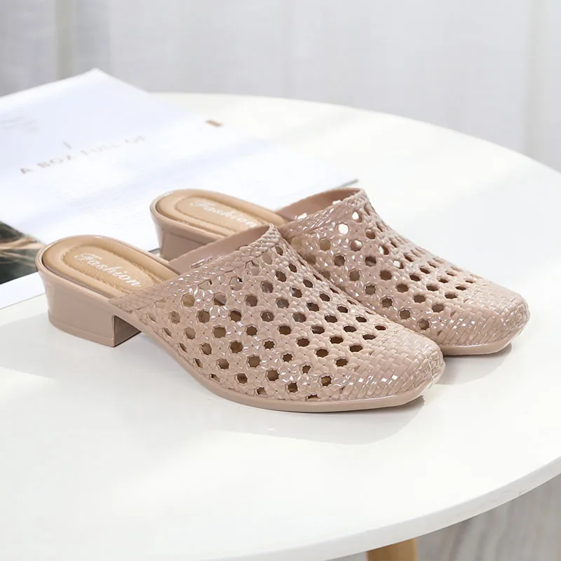 Women's bag head summer mid heel fashionable height increase thick sandals hollowed out breathable simple casual shoes