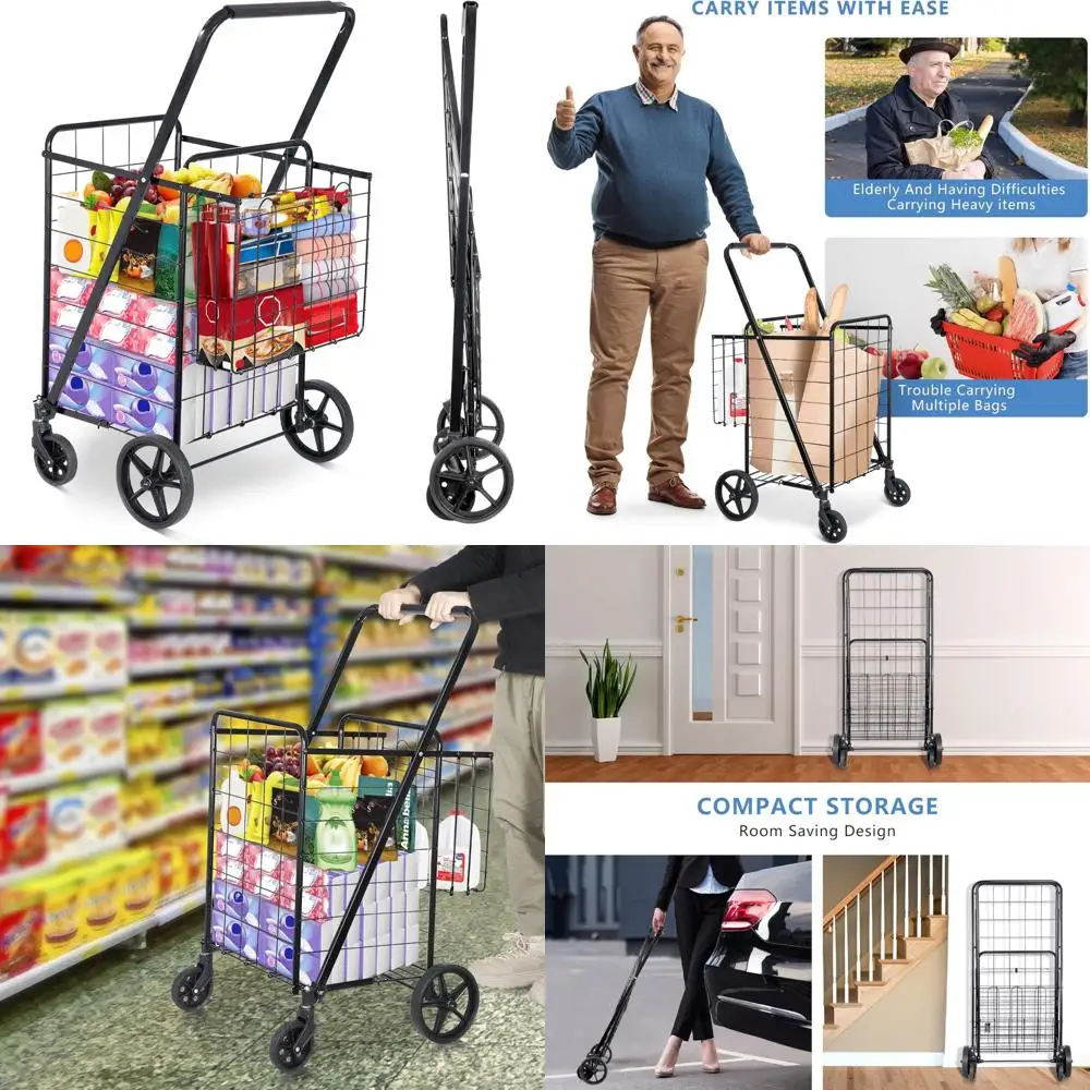 

Collapsible Double Basket Folding Shopping Cart with Wheels for Grocery and Utility, Portable Rolling Cart for Convenience