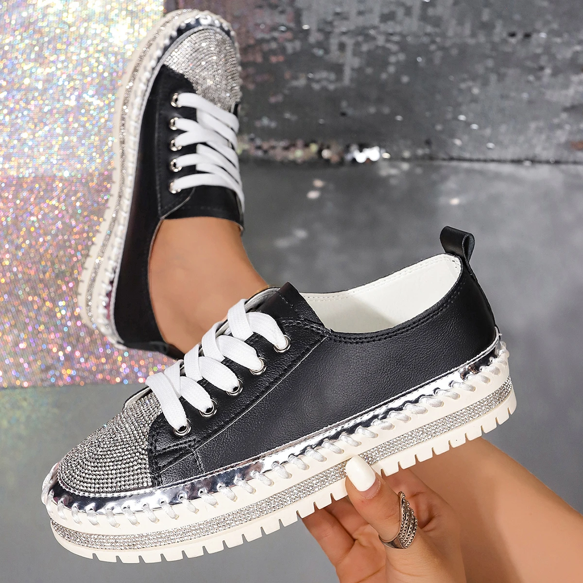 Shoes for Women Sneakers Crystal Thick Soles Casual Rhinestones PU Walking Flats Thick Bottom Shoes Women's sneaker Plus Size 43