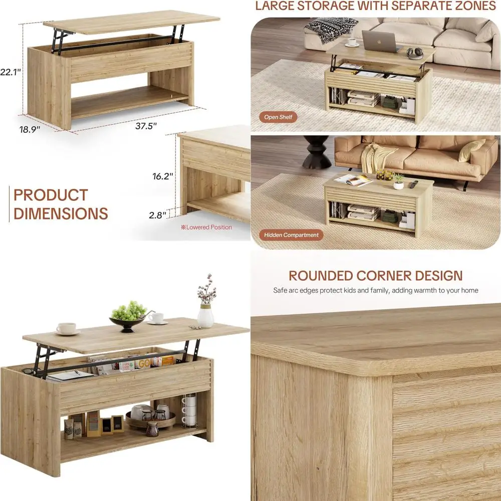 

Modern Rectangle Lift-Top Coffee Table with Fluted Design, Storage, and Natural Wood Grain for Living Room