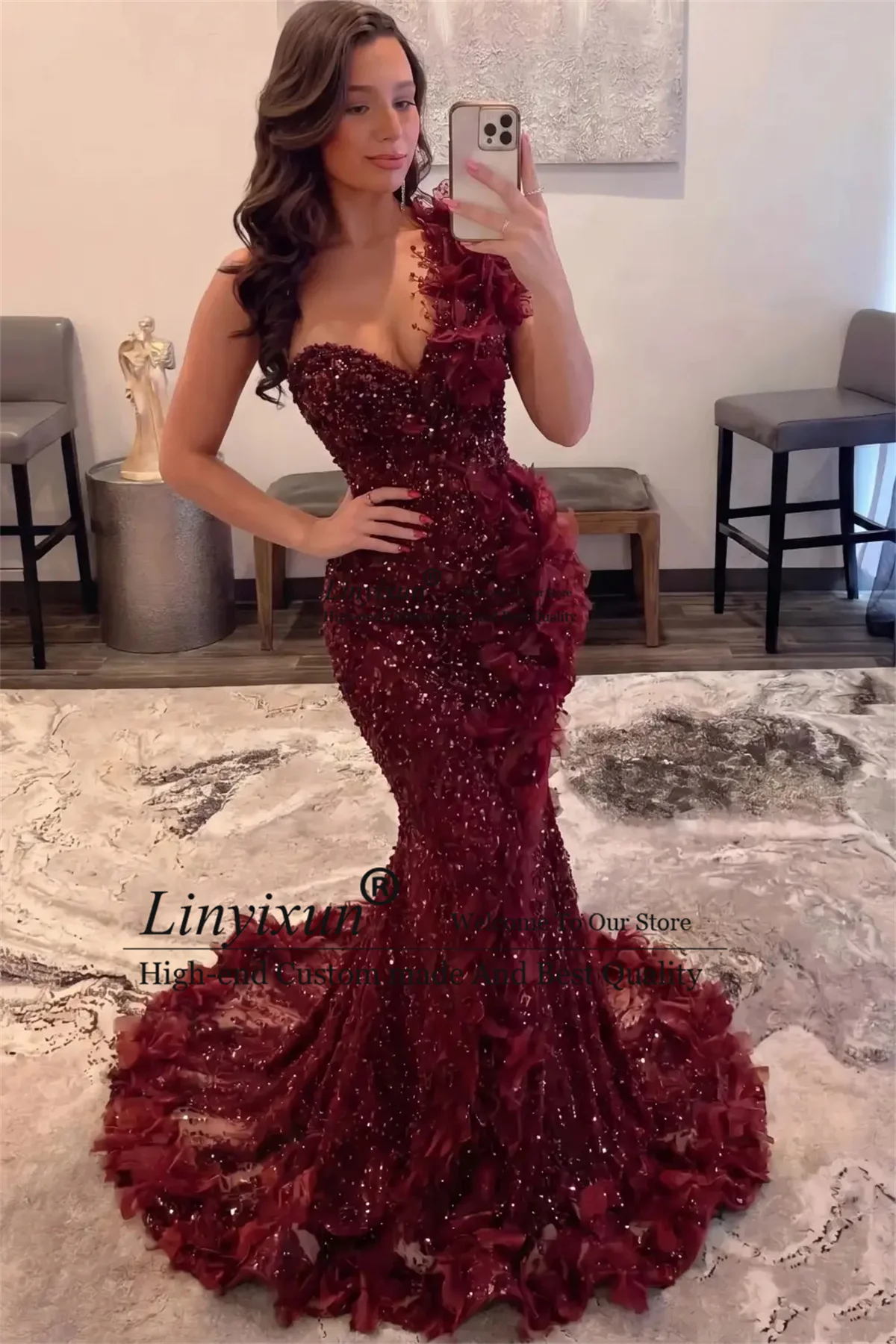 Shiny Sequin Lace Mermaid Prom Dress Customized Black Girl Evening Party Gown Beaded Diamond 3D Floars Wedding Party Dress