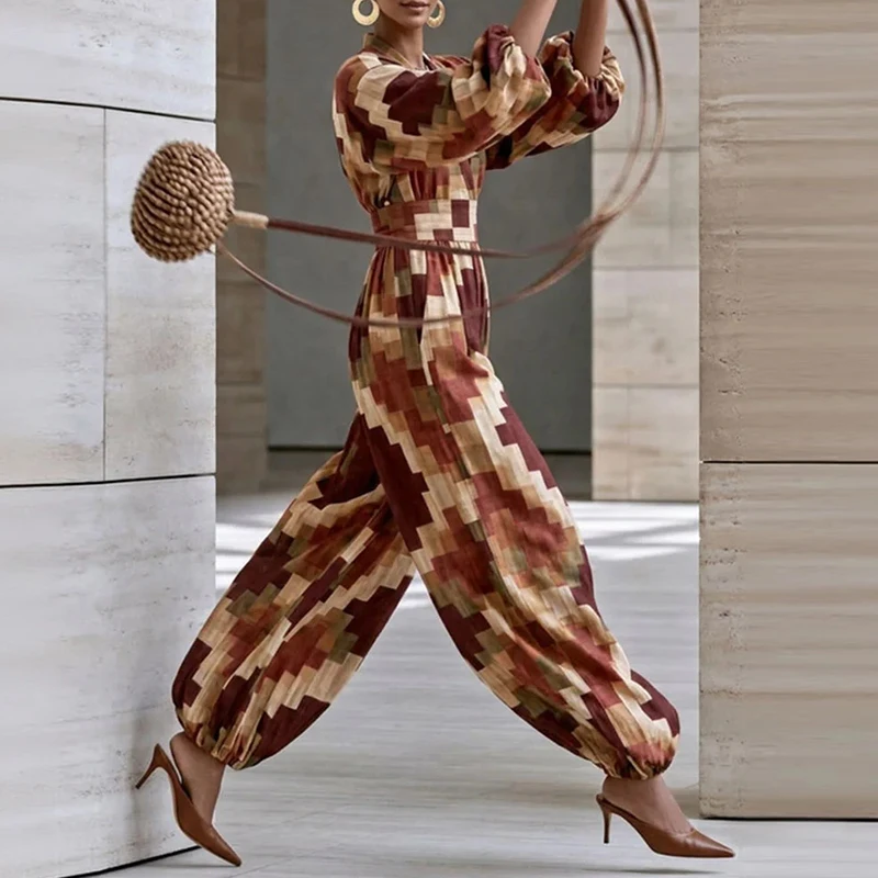 Casual Lantern Sleeve Pocket Women's Romper Geometric Pattern Printed Loose Playsuit Autumn Retro V Neck High Waisted Jumpsuit