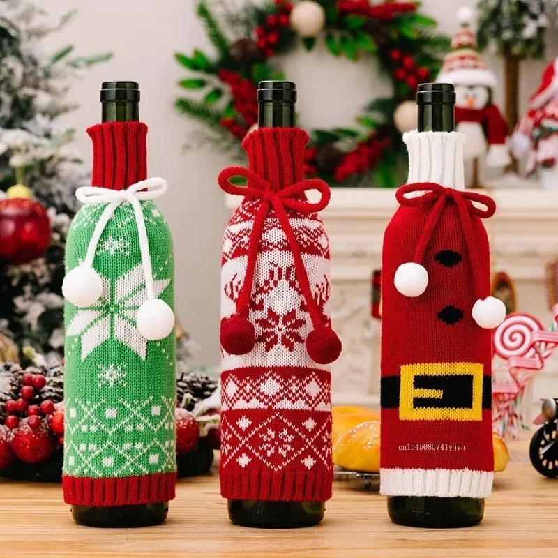 Christmas Wine Bottle Covers Cartoon Santa Snowman Knitted Red Wine Bottle Bags New Year Party Xmas Dinner Table Decor 1Pcs