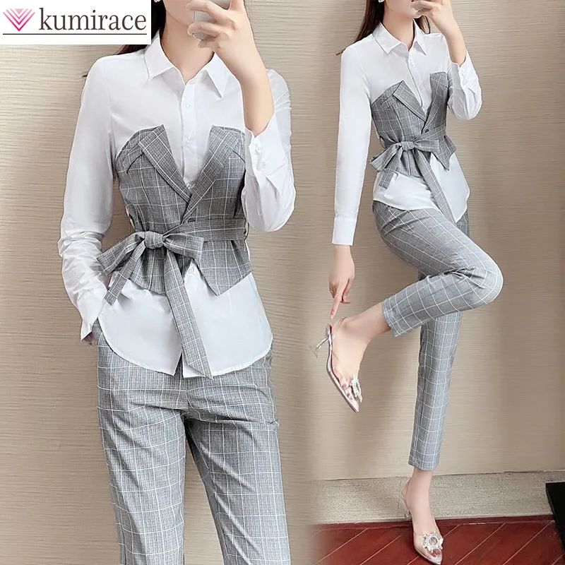 

South Korea Popular Summer New Elegant Women's Pants Suit Thousand Bird Grid Splicing Shirt Casual Trousers Two-piece Set Blazer