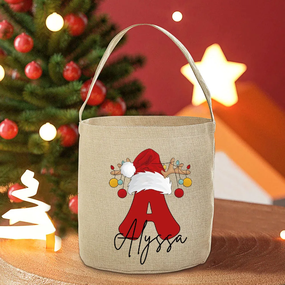 Personalized Initial with Name Christmas Bucket Santa Sack Kids Toy Sack Tote Bag Elaborate HandBags Christmas Gift for Children