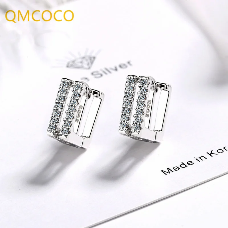 QMCOCO New Style Square Ear Buckle Woman Geometry INS Style Simple Double Row Zircon Exquisite Silver Color Earrings Jewelry