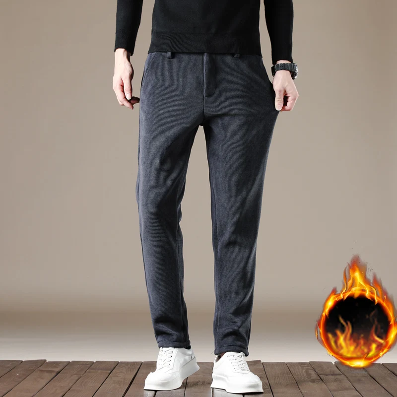 

High-end Fleecy Thickened Corduroy Trousers Men Autumn Winter Waffle Slim Body Fleecy Long Casual Pants Men Fleecy Warm Pant Man