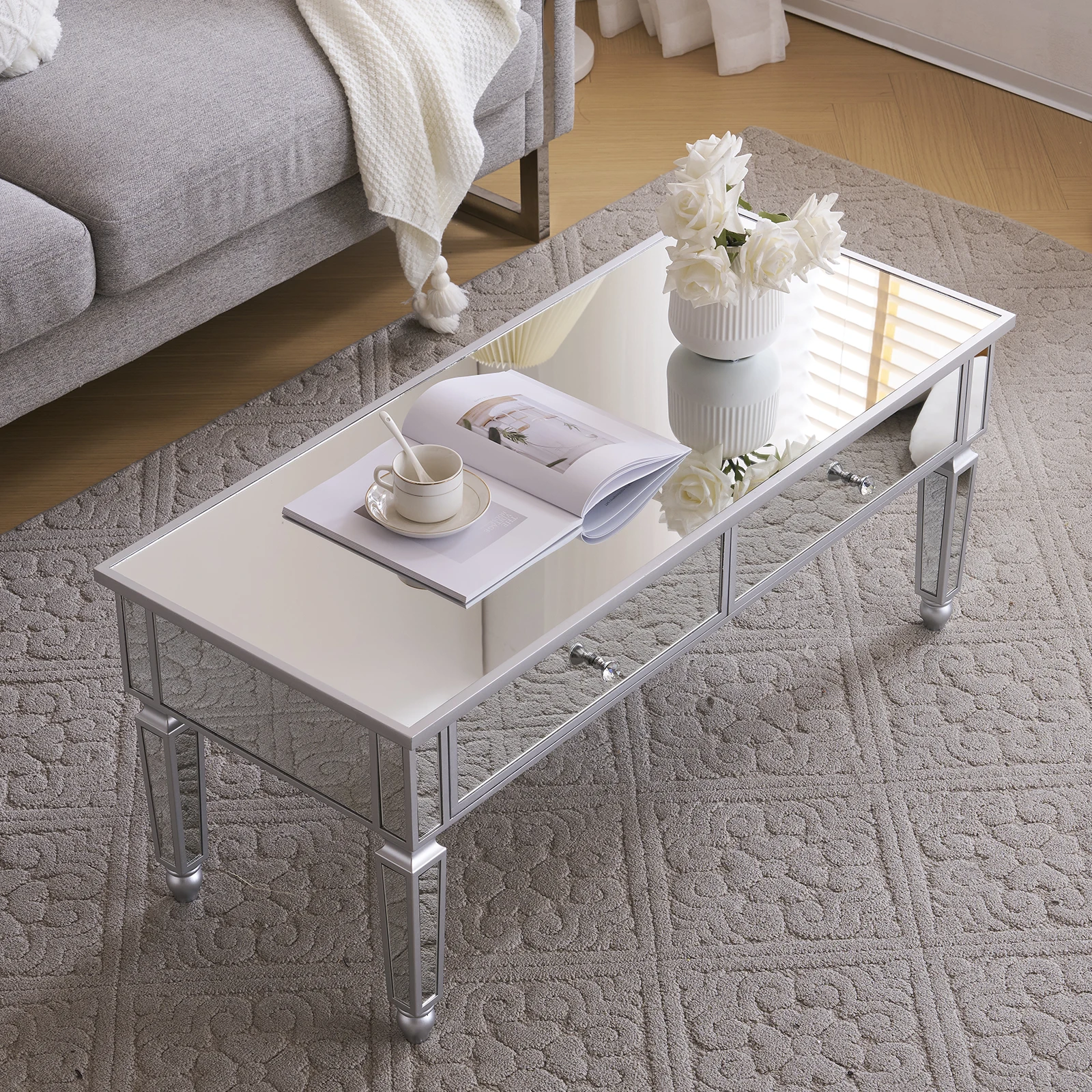 Mirrored Coffee Table with LED Lights and 2 Drawers, Rectangle Modern Cocktail Table for Living Room Office, Silver