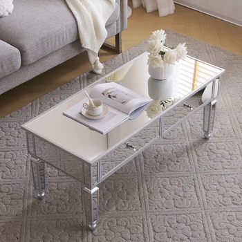 Image Mirrored Coffee Table with LED Lights and 2 Drawers, Rectangle Modern Cocktail Table for Living Room Office, Silver