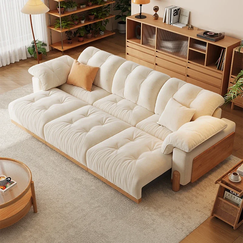 Living room electric sofa bed small apartment Japanese cream style new multi-functional telescopic straight row log fabric sofa