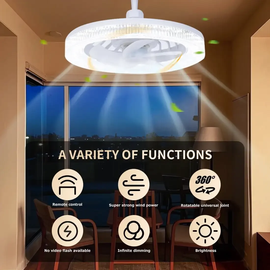 

30W Portable E27 Screw Ceiling Fan With 5 Leaf Crystal Grain Lampshade 3 Colors Dimming Indoor Lighting For Bedroom Living Room