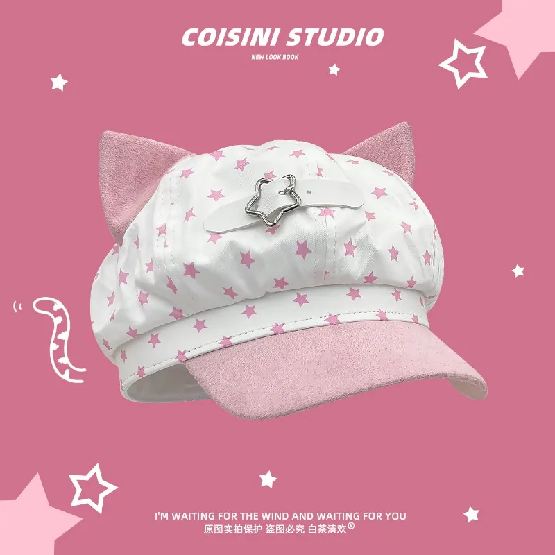 Japanische Y2K Sweet Star bedruckte Baskenmützen mit Katzenohren für Damen, Frühling und Sommer, vielseitige modische Newsboy-Hüte mit Kontrastfarben