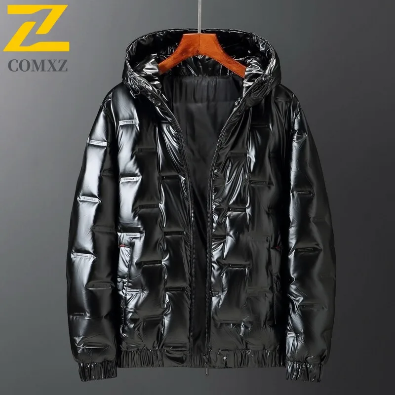 

COMXZ 2025 Mens Winter Hooded Shiny Puffer Jacket Fleece Lined Casual Outdoor Sport Waterproof Windproof Lightweight Windbreaker