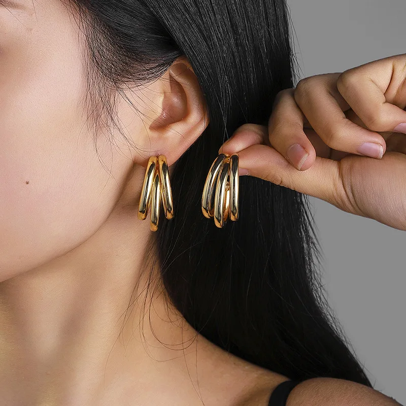 Simple Metal C Shape Dangle Earrings for Women Trendy Retro Three Layer Personality Geometry Drop Earrings Round Circle Jewelry