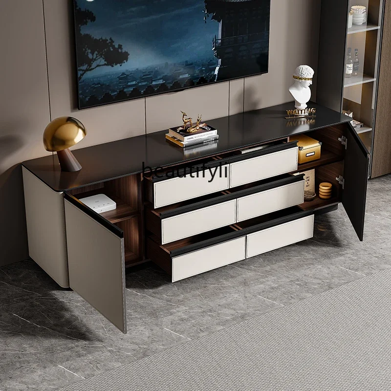 

x11Saddle leather TV cabinet against the wall Storage floor cabinet Modern cream wind bed tail solid wood storage cabinet