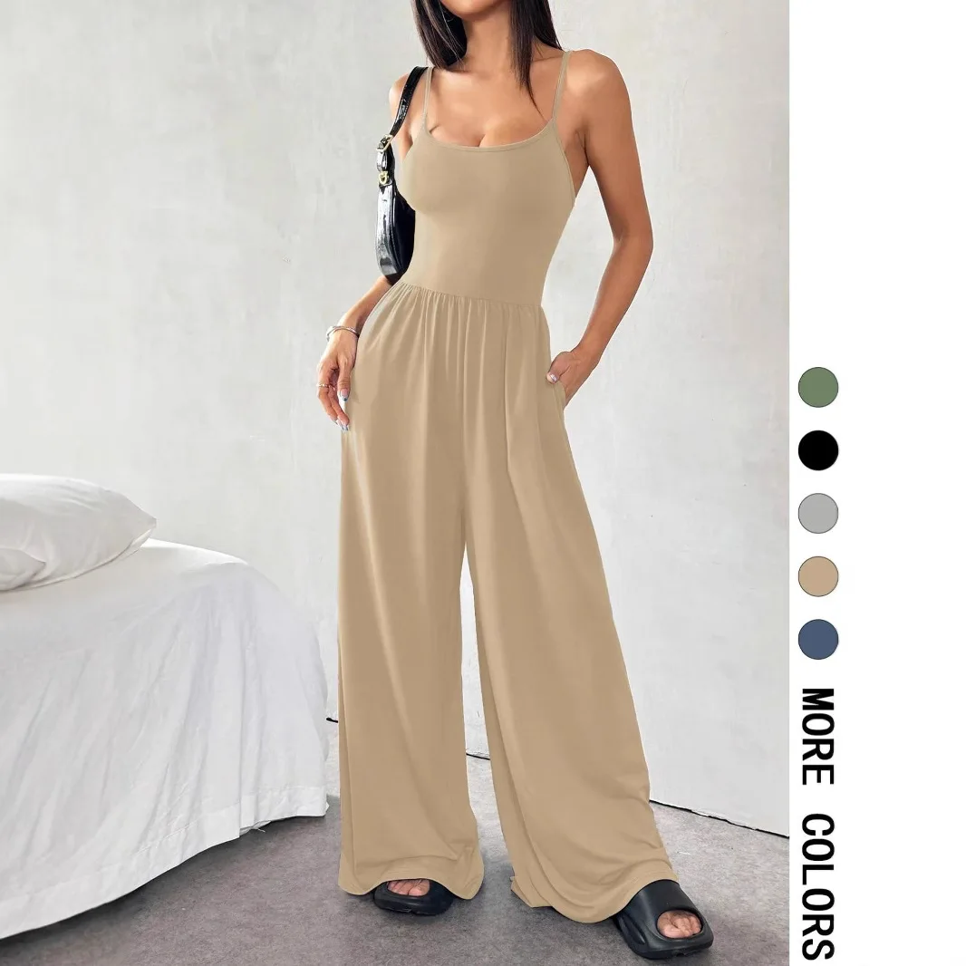 2026 Women's Sleeveless Wide-Leg Jumpsuit - Casual and Stylish Summer Wear with Pocket Design, Ladies' Sports Set
