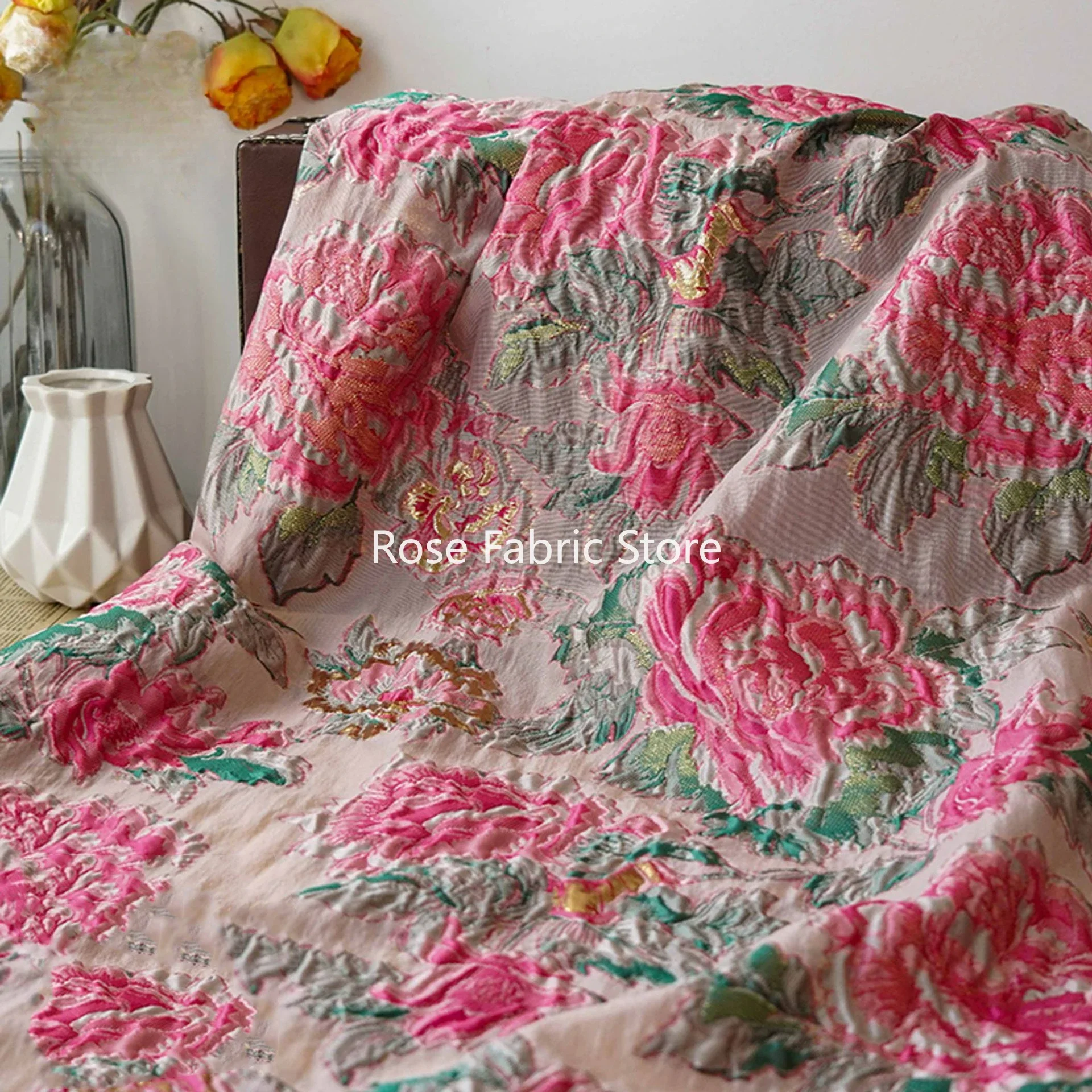 1 meter Rose Red Relief Gold Silk Large Flower Micro Transparent Jacquard Fabric For Spring Summer Dress Top Shirt Diy Sewing