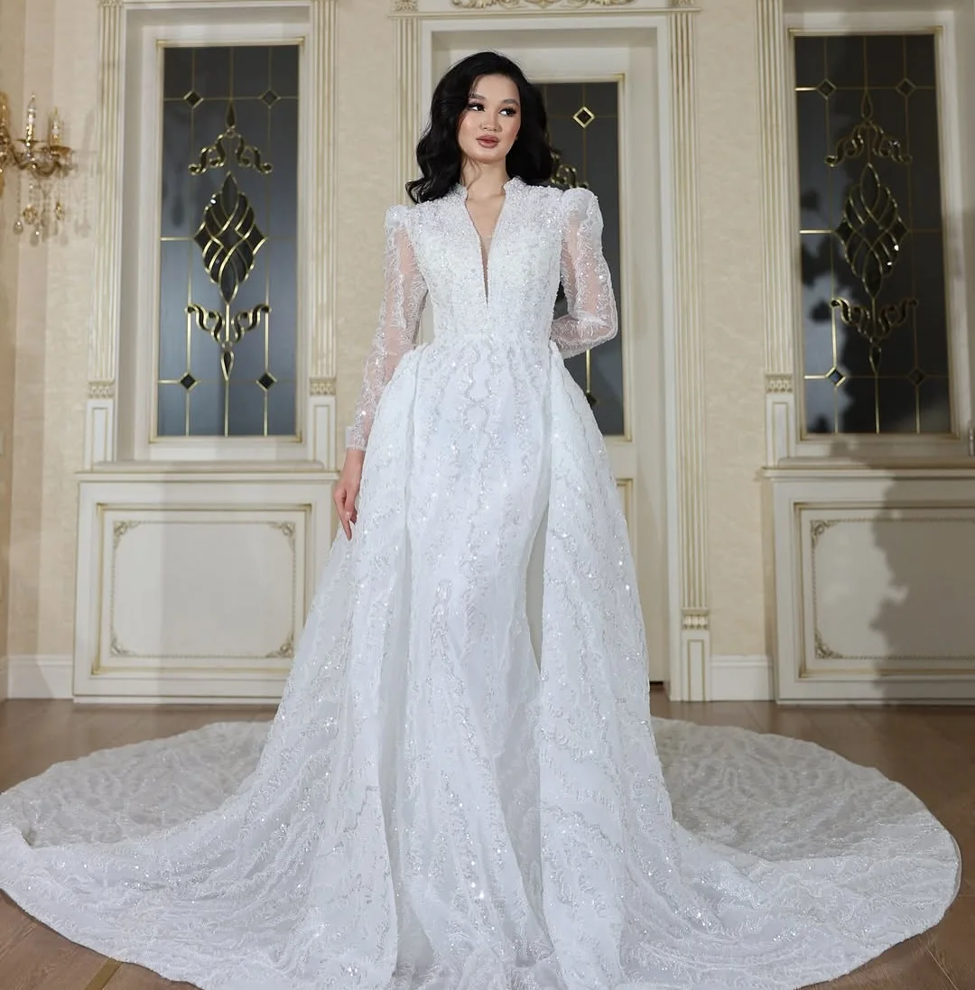 

Customized V-neck White Tulle Evening Dress ILLUSION Sequined With Watteau Train Party Dress A-line FLoor Length Prom Gown