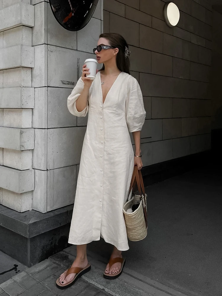 

Beige Linen Midi Dress Summer Women V Neck Cut Out Puff Sleeve Backless Lace-Up Cotton Dress Buttoned Solid Color Dress