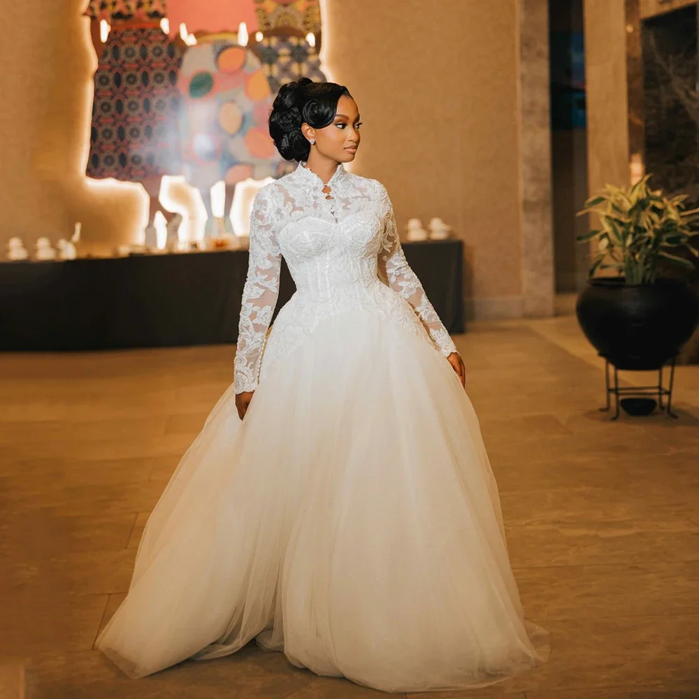 

Elegant Lace Tulle Prom Dresses Long Sleeve High Collar Beaded Floor Dragging Long Wedding Dress Plus Size Bride Dress Customize