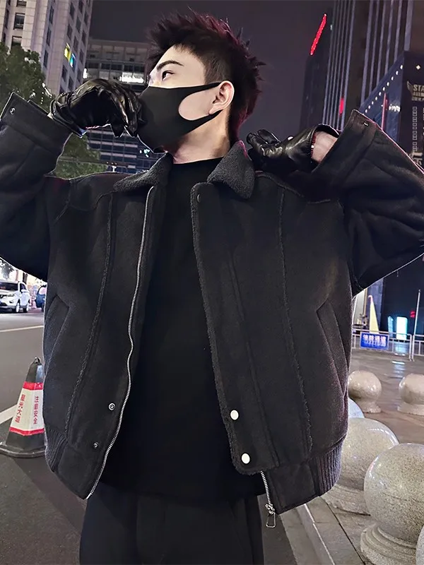 

Winter Men's Faionable Warm Cotton Jaet Leather Fur Inteated Casual Sle Thiened Long Sve Cleanfit Collar Coat