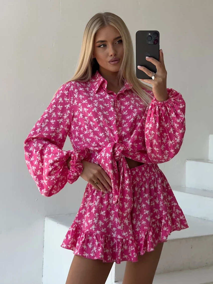 

Marthaqiqi Printing Loose Female Nightgowns Suit Turn-Down Collar Pajama Long Sleeve Nightwear Shorts Casual Women Sleepwear Set