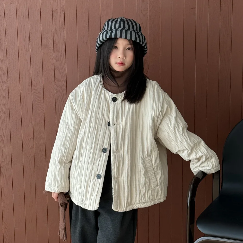 

Autumn Winter Kids Girls Outerwear Coat Cotton Padded Ribbed Children Girls Parka Round Collar Thicken Warm Toddler Girls Jacket