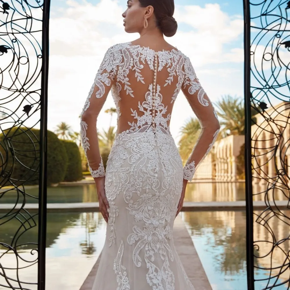 Robe de mariée sirène à col rond transparent Boho, appliques en dentelle classique, manches longues, élégante robe de patients