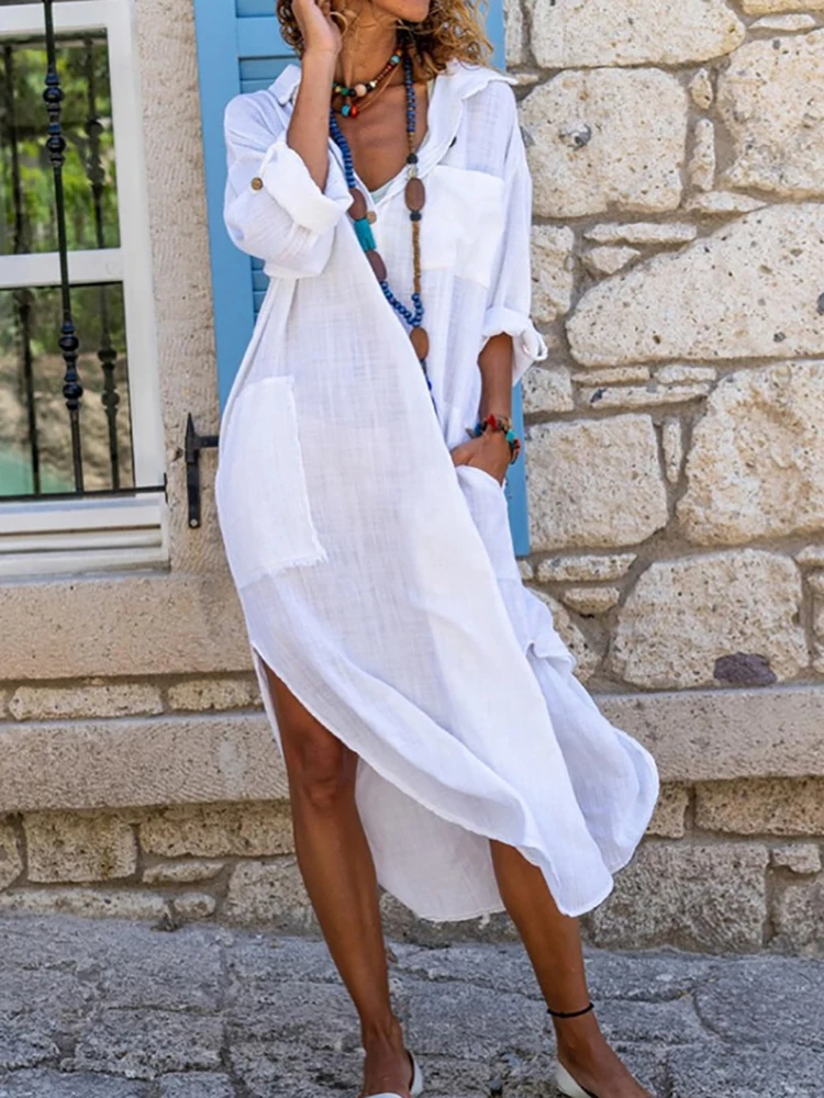 

Summer Thin Cotton Linen Women Beach Dress Casual Femme Patchwork V Neck Pockets Dress Streetwear Long Sleeve Midi Button Dress