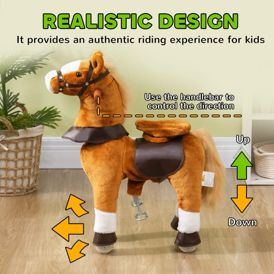 Qaba Ride on Horse Walking Horse Toy Peluche Cheval d'équitation Poney avec roues Son de voisse pour 35 ans jusqu'à 132 livres Marron