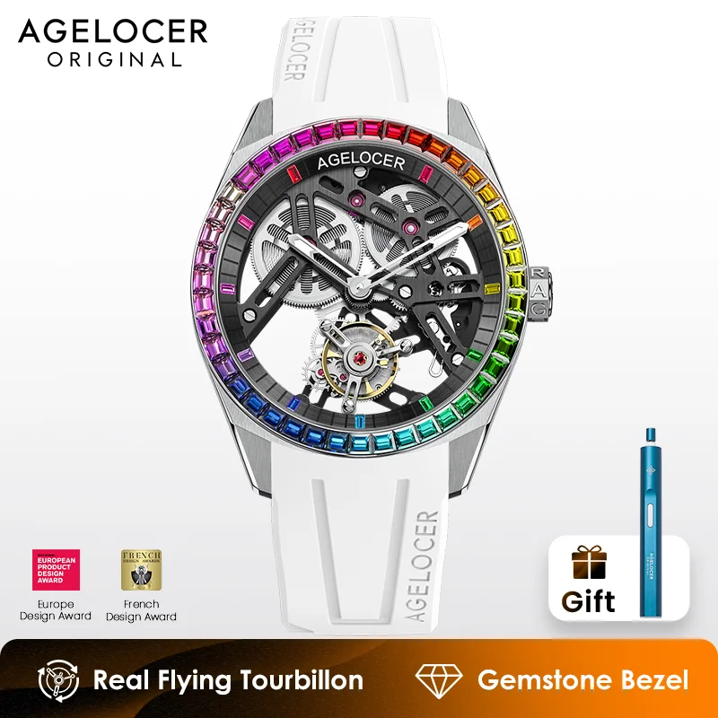 

AGELOCER Original Tourbillon Watch Rainbow Bezel Men's Luxury Skeleton Manual Mechanical Watch Birthday Gift for Men