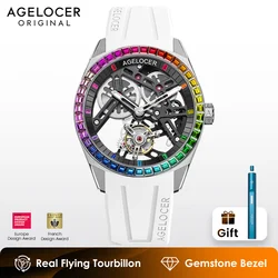 AGELOCER Original Tourbillon Watch Rainbow Bezel Men's Luxury Skeleton Manual Mechanical Watch Birthday Gift for Men