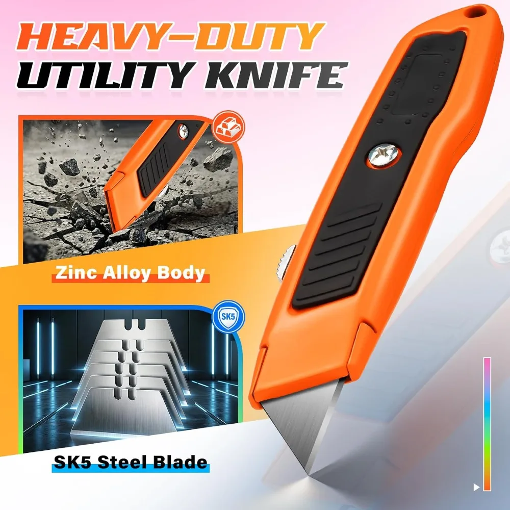 4-Pack Heavy Duty Box Cutter, Retractable Utility Knife with 10 Extra Blades, Zinc Alloy, for Cardboard, Boxes, Vinyl, Carpet, Leather view 4