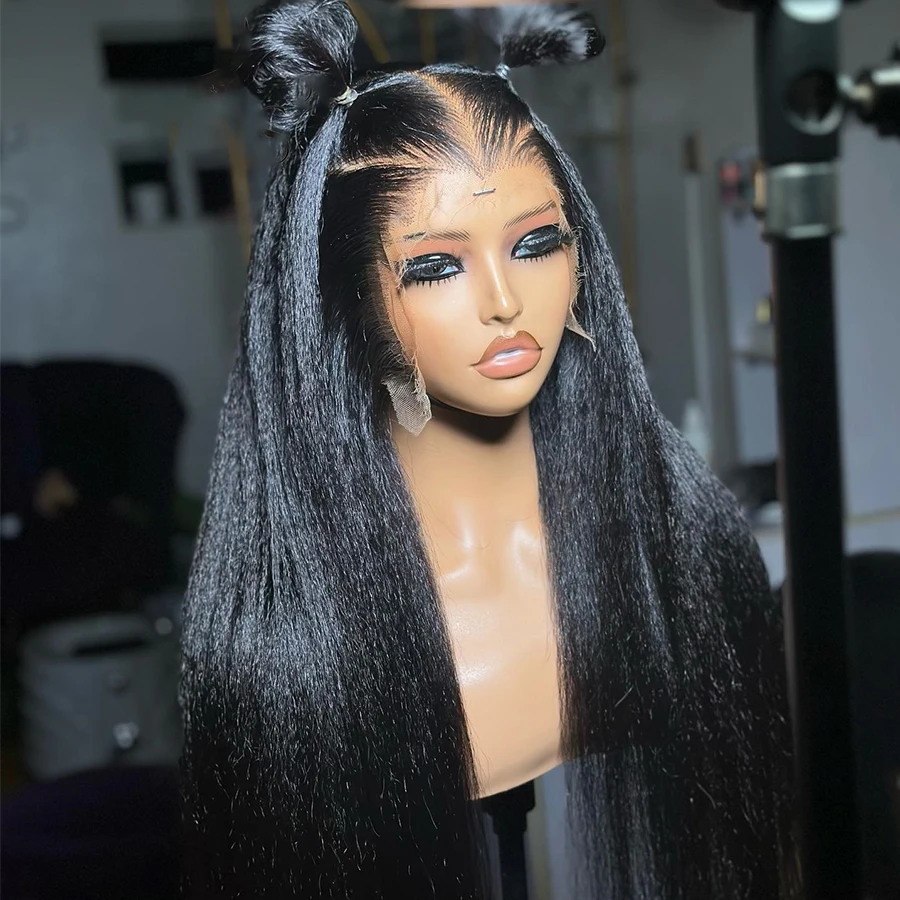 

Soft Yaki 28Inches 200% Density Natural Black Long Kinky Straight Deep Lace Front Wig For Women With Baby Hair Preplucked Daily